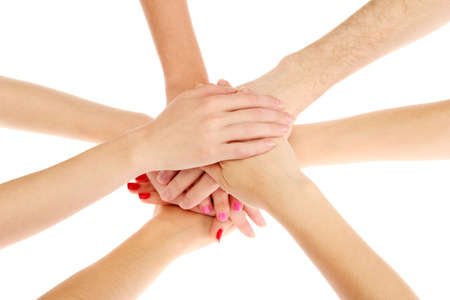 group of young people's hands isolated on whiteの写真素材