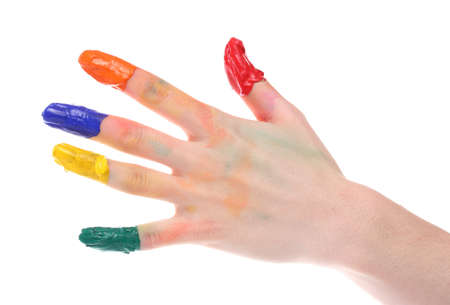 Hand in bright paint isolated on whiteのeditorial素材
