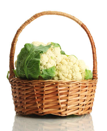 Fresh cauliflowers in basket, isolated on whiteの写真素材
