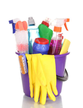 Cleaning items in bucket isolated on whiteの写真素材