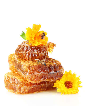 sweet honeycomb with honey, bee and flowers, isolated on whiteの写真素材