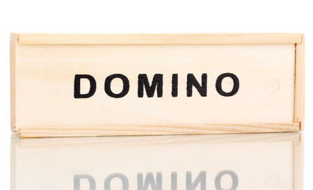 Wooden box with domino isolated on whiteの写真素材