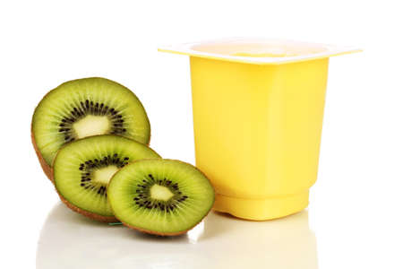 Yogurt with kiwi isolated on whiteの写真素材