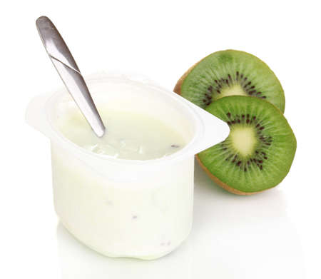 yogurt with kiwi isolated on whiteの写真素材