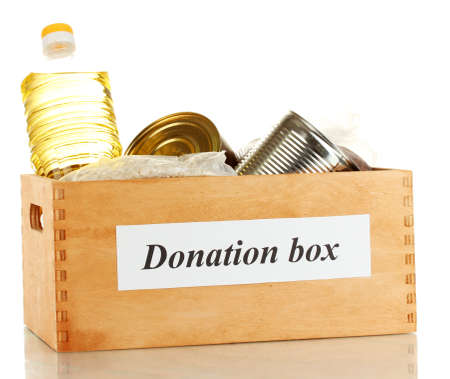 Donation box with food isolated on whiteの写真素材