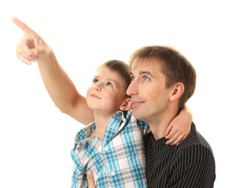 portrait of dad and son isolated on whiteの写真素材