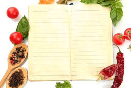 book for recipes, vegetables and spices, isolated on white book for recipes, vegetables and spices, isolated on white