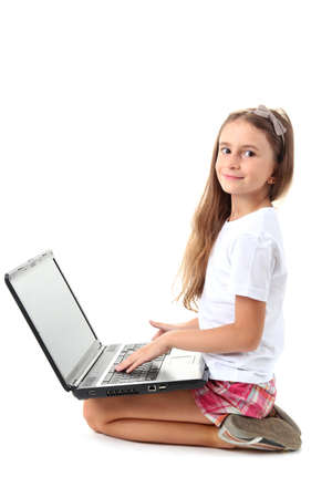 beautiful girl with laptop isolated on whiteの写真素材