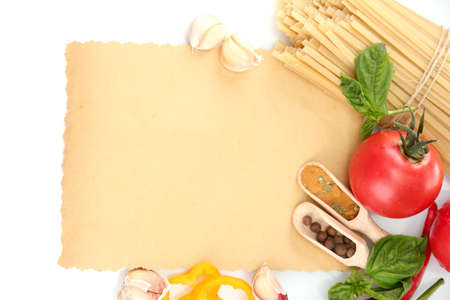 paper for recipes, spaghetti with vegetables and spices, isolated on whiteの写真素材