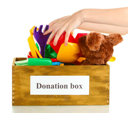 Donation box with children toys on white background close-upの写真素材