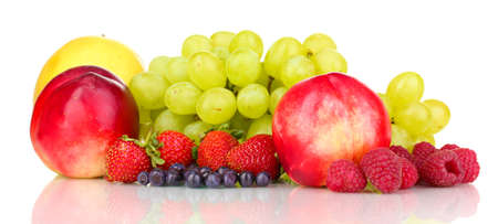 Mix of ripe sweet fruits and berries isolated on whiteの写真素材