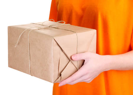 courier with parcel box, isolated on whiteの写真素材