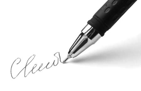 Closeup of signature (fake, not real) and pen, isolated on whiteの写真素材