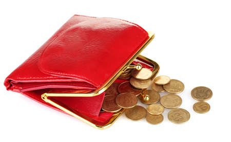 female red wallet with coins isolated on whiteの写真素材