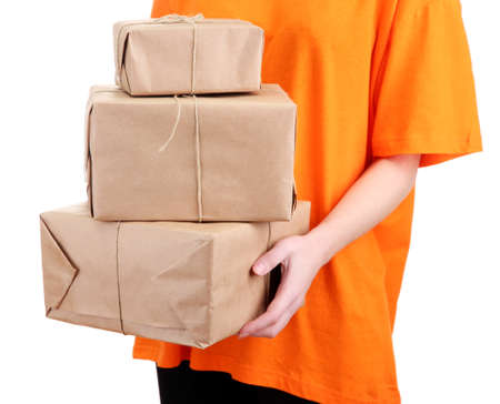 courier with parcels boxes, isolated on whiteの写真素材