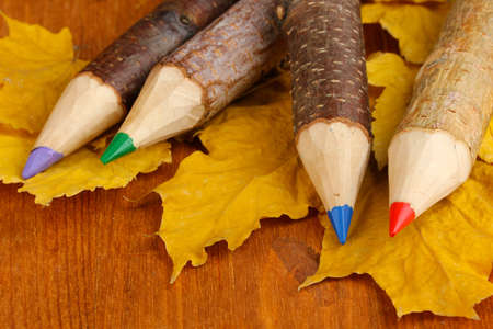 Colorful wooden pencils with autumn leafs on wooden tableの写真素材