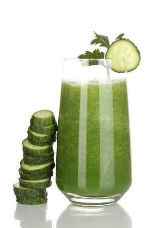 Glass of cucumber juice isolated on whiteの写真素材