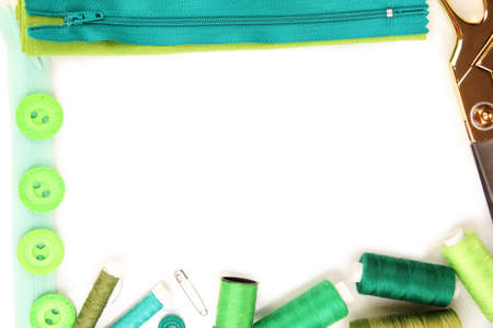 Sewing accessories and fabric close-upの写真素材