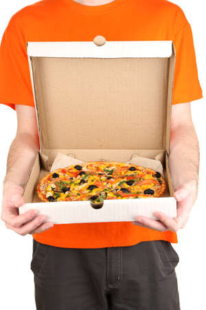 Pizza delivery courier isolated on whiteの写真素材
