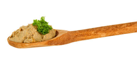 Fresh pate on wooden spoon, isolated on whiteの写真素材