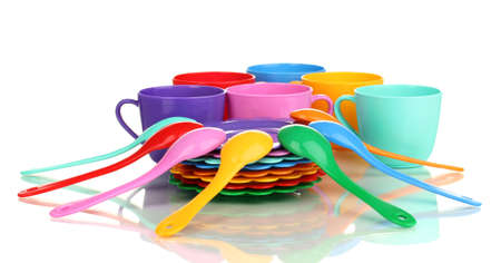 Children's plastic tableware isolated on  whiteの写真素材