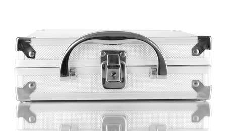 Closed silver case isolated on whiteの写真素材