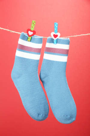 Colorful socks hanging on clothesline, on color backgroundの写真素材