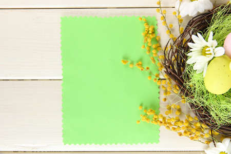 Empty card with easter eggs and mimosa flowers, on white wooden backgroundの写真素材