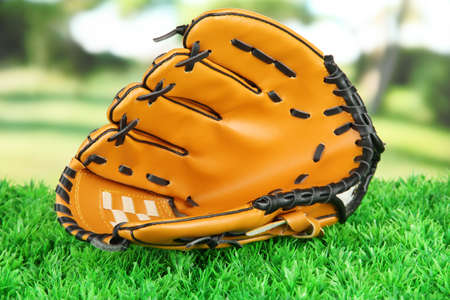 Baseball glove on grass in parkの写真素材