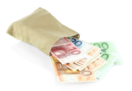 Bag of money with different euro banknotes isolated on whiteの写真素材