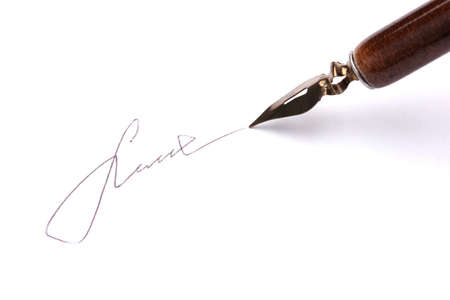 Closeup of signature (fake, not real) and ink pen, isolated on whiteの写真素材