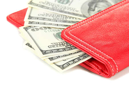 Purse with hundred dollar banknotes, isolated on whiteの写真素材