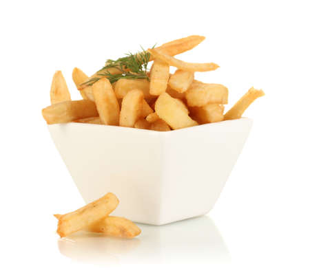 French fries in bowl isolated on whiteの写真素材