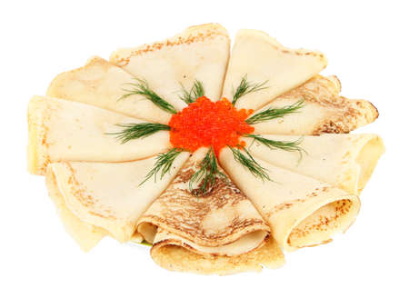 Delicious pancakes with red caviar isolated on whiteの写真素材