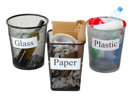 Three buckets of assorted debris isolated on whiteの写真素材