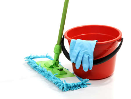 Mop, plastic bucket and rubber gloves, isolated on whiteの写真素材