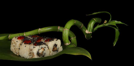Tasty Maki sushi - Roll on green leaf on dark backgroundの写真素材