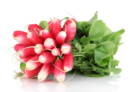 Small garden radish with leaves isolated on whiteの写真素材