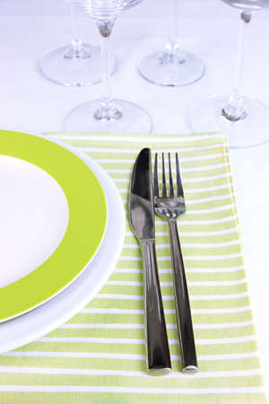 Table setting with glasses for different drinks on table close-upの写真素材