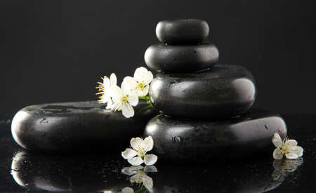 Spa stones and white flowers isolated on blackの写真素材