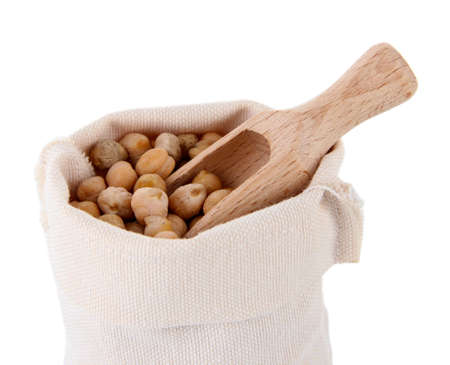 Peanuts in sack isolated on whiteの写真素材