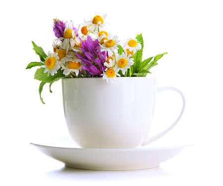 Beautiful wild flowers and mint in cup, isolated on whiteの写真素材