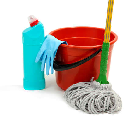 Mop, plastic bucket and rubber gloves, isolated on whiteの写真素材