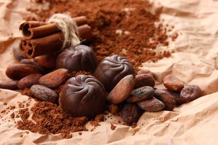 Composition of chocolate sweets, cocoa and  spices on brown backgroundの写真素材