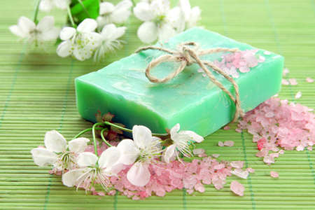 Natural handmade soap on bamboo matの写真素材