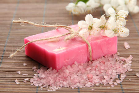 Natural handmade soap on bamboo matの写真素材