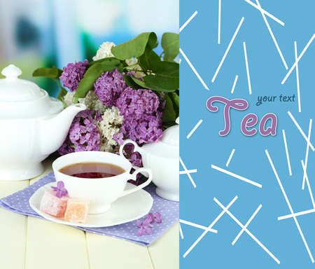 Composition with beautiful lilac flowers, tea service on wooden table on bright  backgroundの写真素材