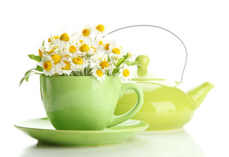 Beautiful wild camomiles and mint in cup and teapot, isolated on whiteの写真素材