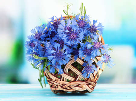 Beautiful bouquet of cornflowers in basket on blue backgroundの写真素材