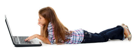 beautiful girl with laptop isolated on whiteの写真素材